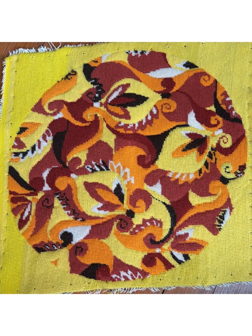 Vintage Needlepoint Floral Circle Tapestry Yellow Red Orange MCM Mod 14" Square
